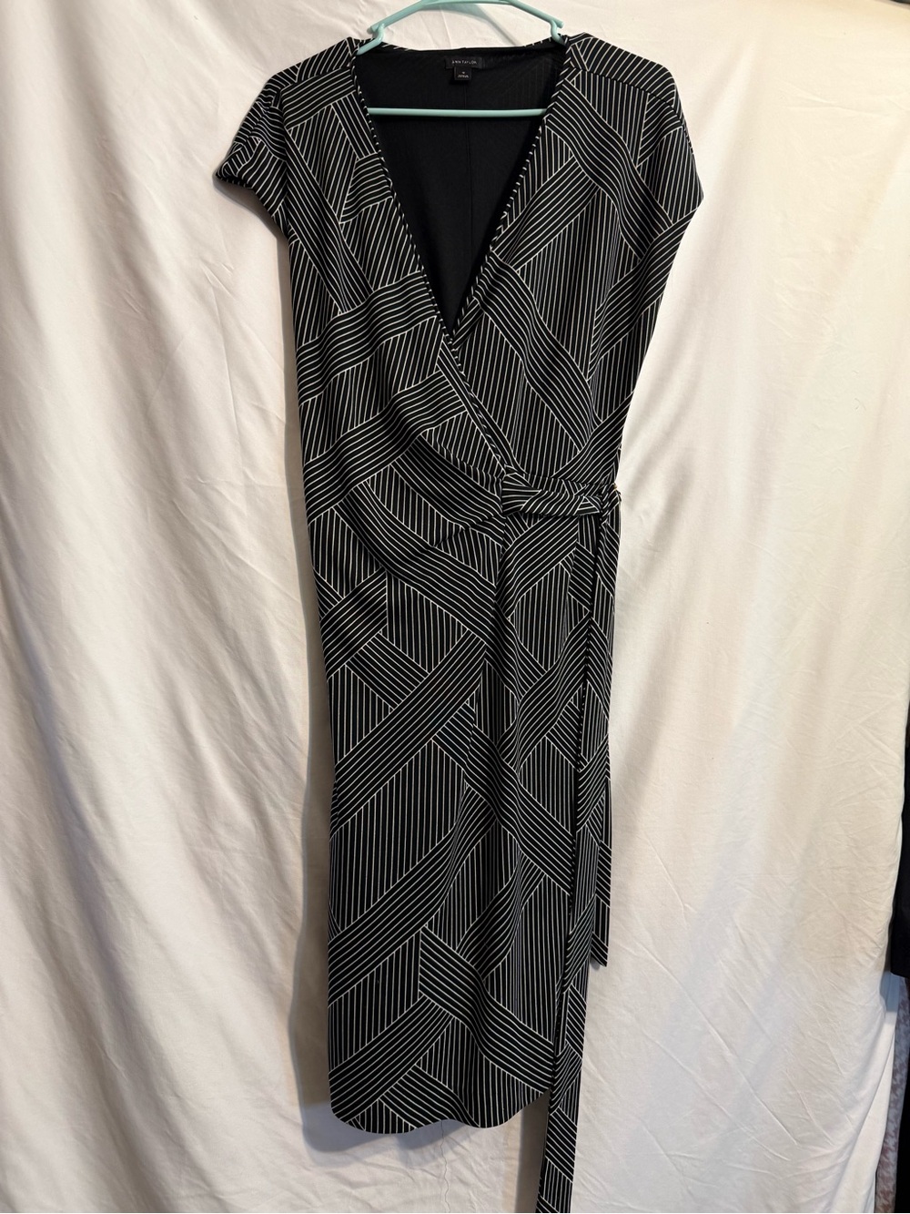 Ann Taylor Black and White Striped Wrap Midi Dress